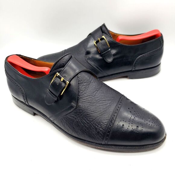 MEZLAN Athens Monk Strap Shoes Men’s Size 10 Wide Black Leather Gold Buckle - Picture 1 of 11